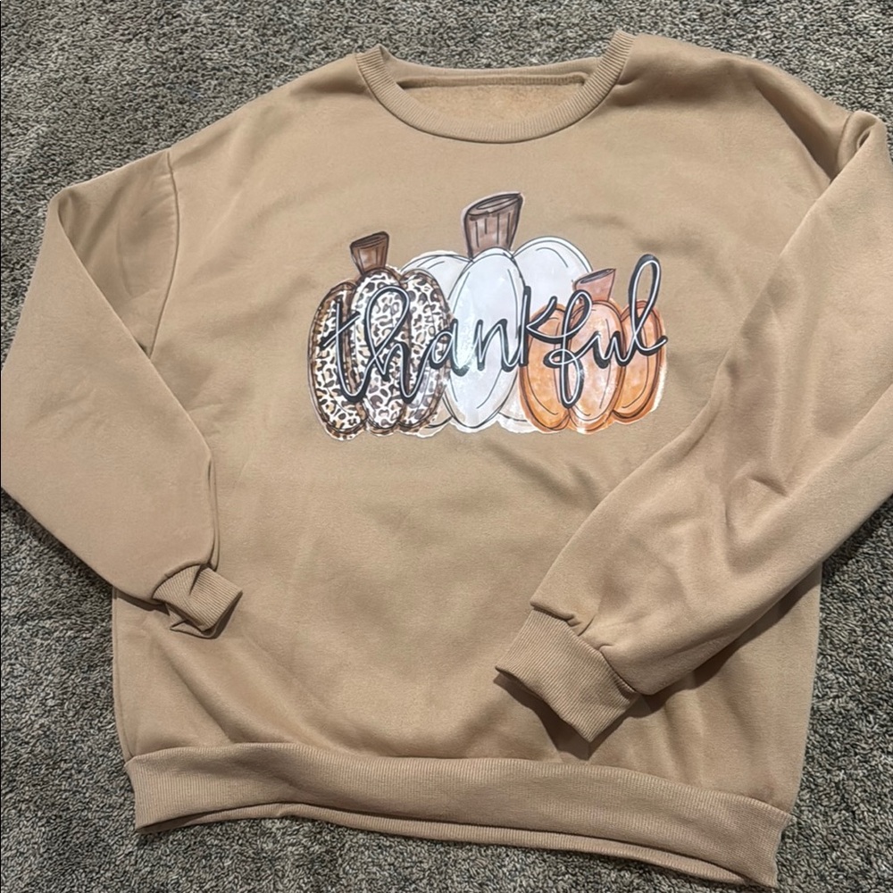 SHEIN Beige Thankful Pumpkin Sweatshirt
